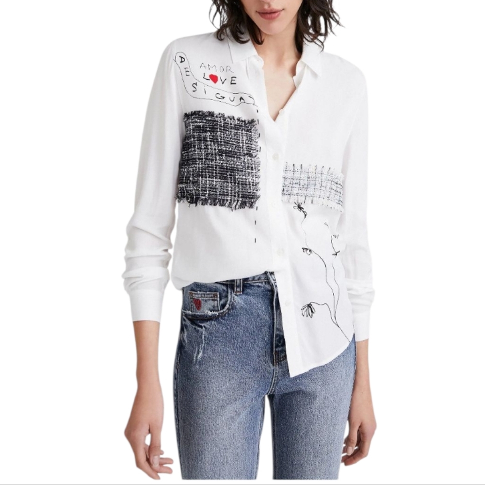 Desigual Patchwork And Flower White Button Down S… - image 7